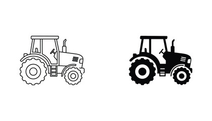 Professional farm tractor icon set in outline and solid black style for agricultural machinery and equipment branding © Asian