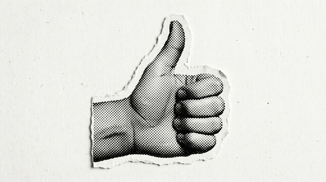 Black and white halftone illustration of a hand showing thumbs up gesture, creative paper cutout collage with torn edges, minimalist retro pop art style clipart element