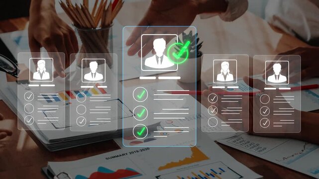 Digital Analysis of Job Applications with Virtual Data Overlay on a Table Filled with Charts and Business Reports in a Collaborative Workspace Sigmoid