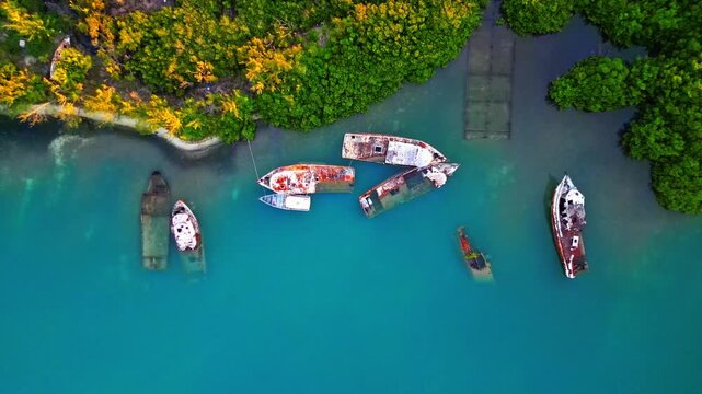 Aerial view of abandoned and rusted shipwrecks in turquoise water near the lush green shoreline of Sandy Bay, Bay Islands Department, Honduras.