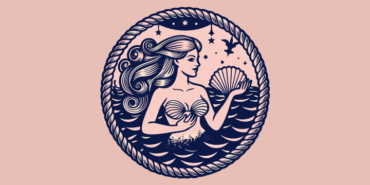 navy blue illustration of a mermaid in a rope circle