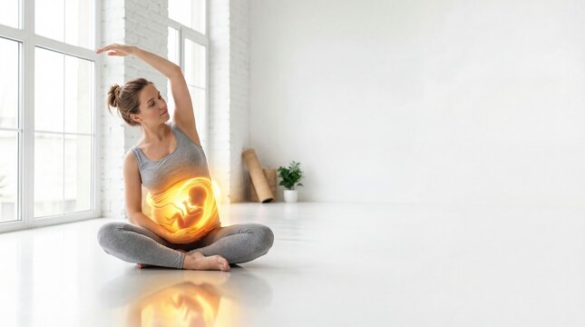 Pregnant woman doing yoga stretching exercise at home. Glowing fetus silhouette inside belly representing maternity. Concept of prenatal health care, motherhood, wellness and fitness training.