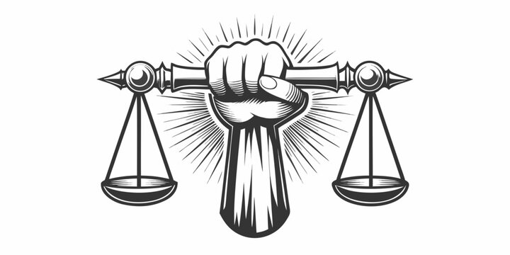 scales of justice with a fist holding the beam