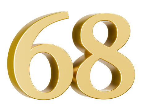 Shiny gold metallic number 68 3D illustration