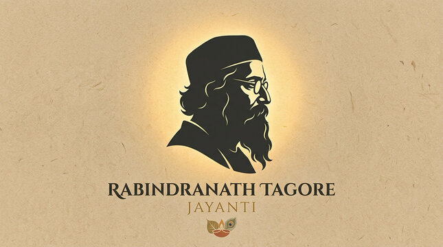 Minimalist Rabindranath Tagore portrait silhouette with glowing halo light, beige textured background, elegant typography &ldquo;Rabindranath Tagore Jayanti&rdquo;, modern Indian cultural design