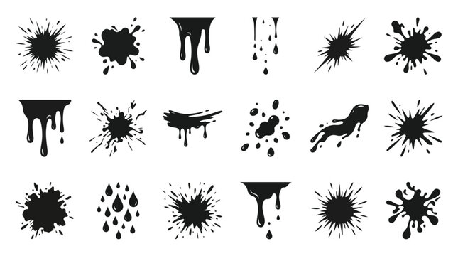 Collection of various black ink splatter and drip graphics on a white background, with dynamic compositions and shapes.