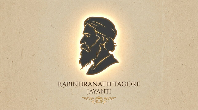 Minimalist Rabindranath Tagore portrait silhouette with glowing halo light, beige textured background, elegant typography &ldquo;Rabindranath Tagore Jayanti&rdquo;, modern Indian cultural design