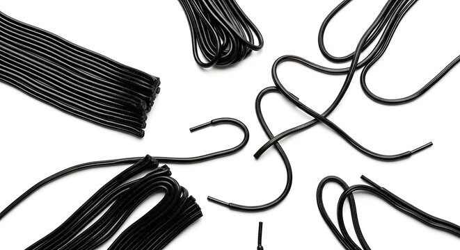Black Shoelace Cords Arranged on Clean White Background