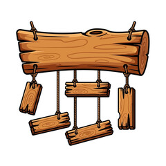 Fototapeta premium Rustic Wooden Signpost with Dangling Planks and Rope, Isolated on White Background