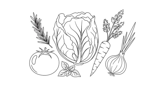 Hand Drawn Fresh Vegetables Arranged As Minimal Line Art on White Background