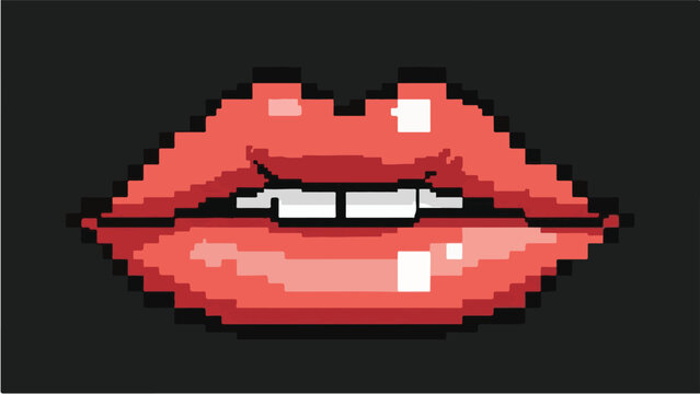 A vibrant 8-bit style pixel art illustration of glossy red lips with visible white teeth. Set against a dark background, this retro-inspired graphic is perfect for gaming assets & pop culture designs.