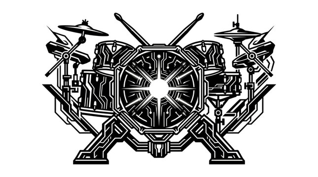 Futuristic cybernetic drum kit silhouette with circuit board patterns