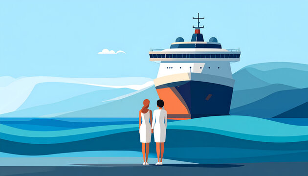 Couple Holding Hands Admiring Large Cruise Ship at Sea.