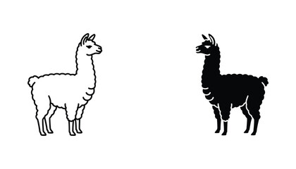 Cute llama animal icon in outline and solid black silhouette styles for farm and nature design projects © David