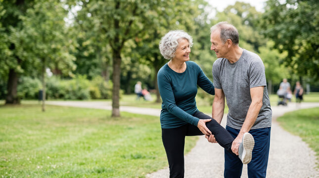 Senior couple stretching together in a park. Active elderly man helping woman with leg stretch. Healthy lifestyle and fitness for seniors. Active aging and companionship concept