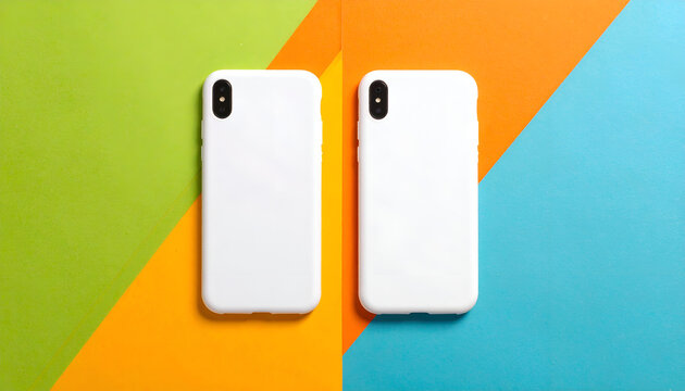 Two White Smartphone Cases on a Vibrant Colorful Background.