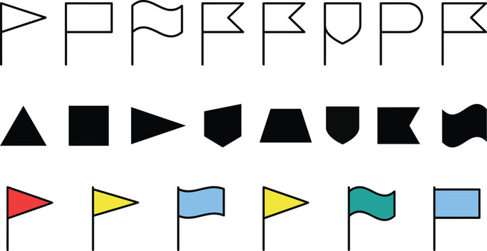 Flag shape icon set vector illustration, geometric pennant shield trapezoid wavy rectangle artwork design, colorful symbol graphic, flat vector illustration