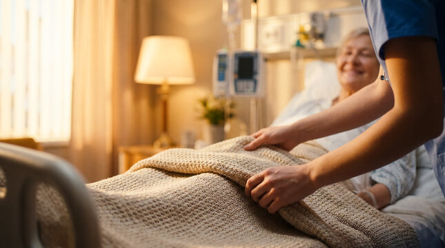 nurse caring elderly patient hospital bed blanket comfort home care medical compassion close up of female caregiver in blue scrubs adjusting knitted cover over senior woman in warm sunlit ward