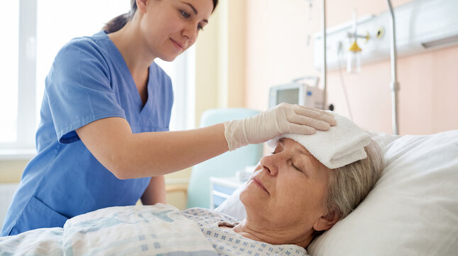 nurse cooling forehead elderly patient hospital bed care fever compassion medical service close up of female caregiver in blue scrubs gloves wiping senior woman with damp cloth in bright clinic ward