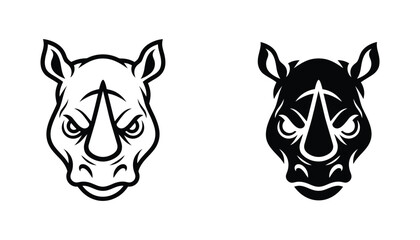 Aggressive rhinoceros head mascot logo in outline and solid black silhouette for sports team branding or wildlife conservation design © David