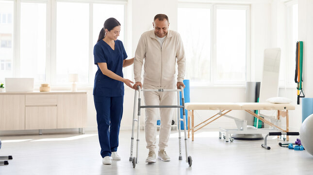 nurse helping patient walker rehabilitation gym physical therapy mobility recovery medical care close up of female caregiver in blue scrubs guiding man with walking frame in bright clinic studio space