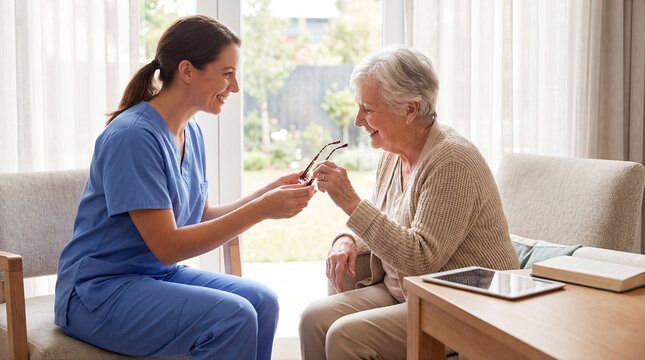 nurse home visit elderly patient glasses care medical support friendly happy chat kindness close up of female caregiver in blue scrubs giving reading eyewear to smiling senior woman on couch