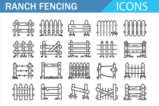 Ranch gate and fence symbols in clean black outline vector style