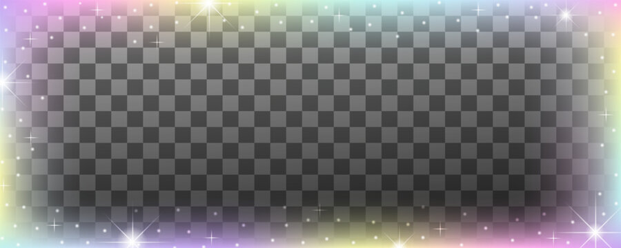 Holographic horizontal gradient border overlay with sparkles. Luxury pastel rainbow glowing holiday frame. Vector illustration