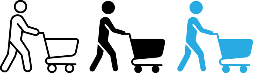 Shopping Cart User Icon Set Man Pushing Trolley Outline Solid Flat Style Retail Purchase Vector Illustration © enamulhaque200