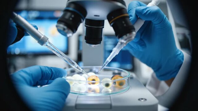 This shows a scientist working with IVF embryos under a microscope. The scientist is wearing blue gloves and carefully handling the embryos with a pipette. The laboratory setting is equipped with