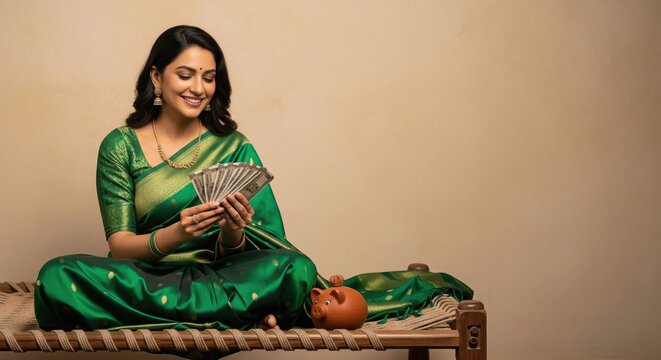 A smiling Indian woman in a green sari sits on a charpai counting cash beside a piggy bank