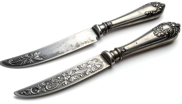 Antique Ornate Silverware Knives with Floral Engravings.