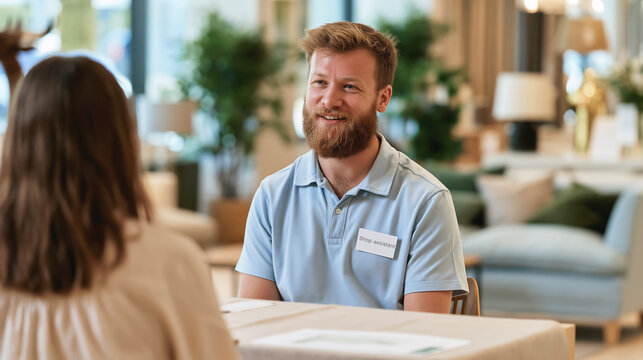 Friendly shop assistant consults with a customer in a furniture showroom, providing helpful retail service and product guidance.