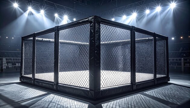 Octagonal cage under bright lights, with a soft focus and a dramatic, imposing atmosphere