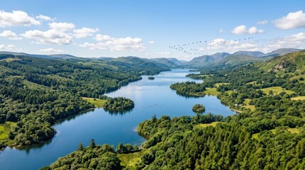 Fototapeta premium Aerial view of large lake among green hills and forests. World Environment Day water conservation concept.