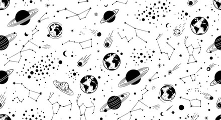 Seamless space pattern vector with planets stars and constellation lines in minimal cosmic design © MdArif