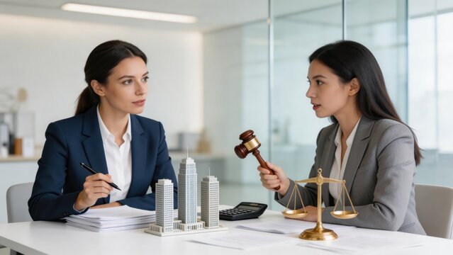 Two women in suits discussing with gavel and scales