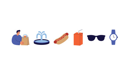 Naklejka premium Everyday Flat Design Icons Set: Shopping, Fountain, Hot Dog, Juice, Sunglasses, Watch