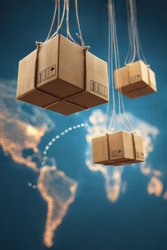 Cardboard parcels hang by twine over a glowing world map, symbolizing global shipping and logistics.