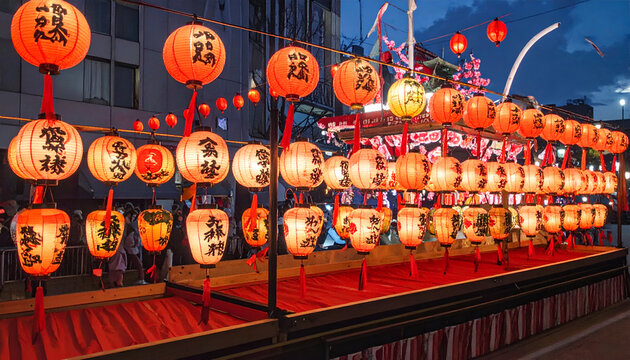 Traditional Japanese Lanterns Illuminate a Festive Evening Street Scene.
