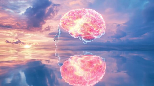 A visual representation of the brain reflected in water with a sunset background showcases the relationship between thought and nature