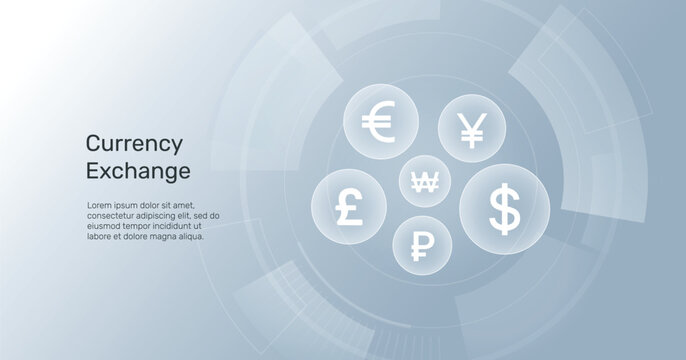 Currency exchange concept. Trading and investing, financial literacy and economics. Euro, dollar, yen and pound sterling coins. Modern Light Technology background.