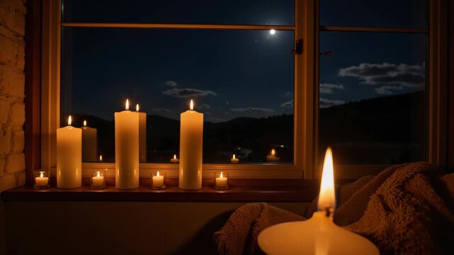 A serene night scene with lit candles in a window frame, featuring the glow of the full moon and stars against the dark sky.