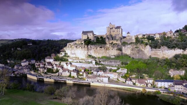 Chateau de Beynac panoramic landscape with river valley, aerial view