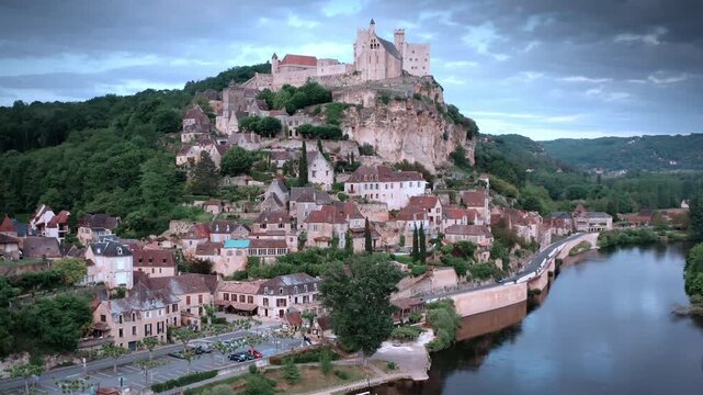 Chateau de Beynac and Dordogne River Village Aerial View