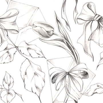Elegant tulip flowers, letter envelopes, silk satin tied ribbon bows, rose leaves. Seamless pattern illustration hand drawn in pencil. Romantic floral repeat for lifestyle products, textile patterns