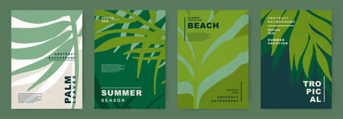 Fototapeta premium Modern poster template designs featuring abstract floral pattern in green tones. Summer, vacation, tropical island themes. Vector backgrounds for branding, advertising, print, banner, cover, sale