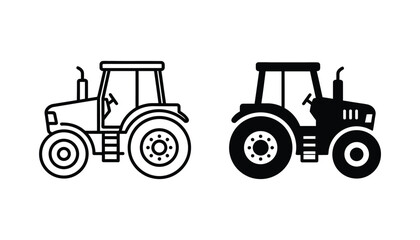 Obraz premium Modern tractor farming vehicle icon in outline and solid black silhouette styles for agricultural machinery graphic design isolated on white background