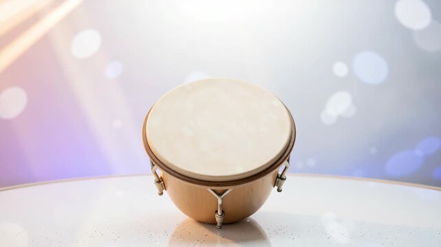 Single wooden bongo drum with glossy finish sitting in spotlight