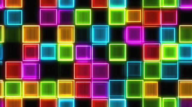 Neon glowing squares form a colorful abstract grid pattern on a dark background with futuristic digital energy.